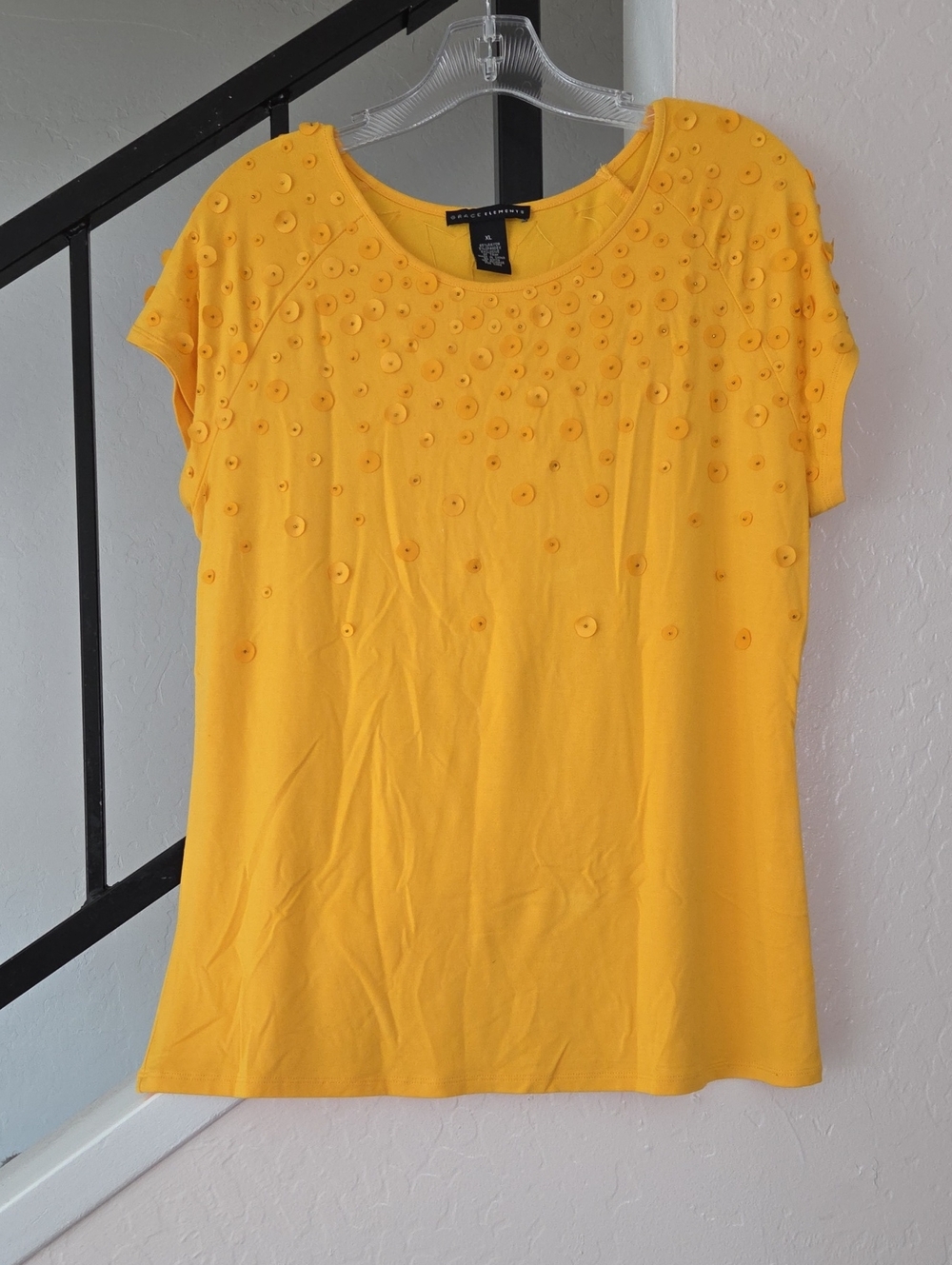 Grace Elements Yellow Short Sleeve Pailette Embellished Tee Size XL